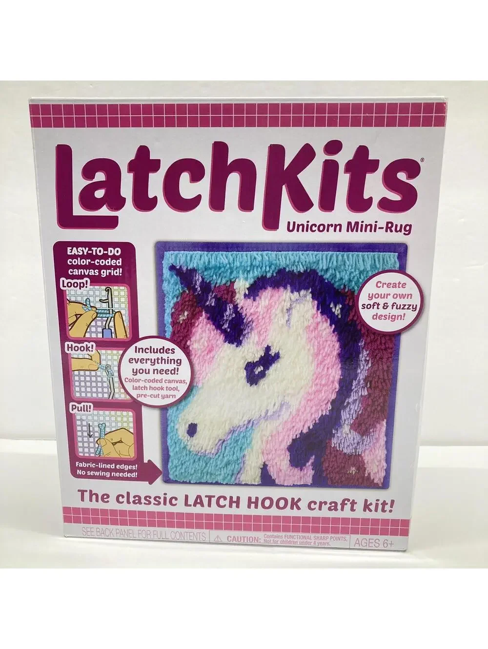 LatchKits Unicorn Mini-Rug Latch Hook Craft Kit 12x11 Color-Coded Canvas